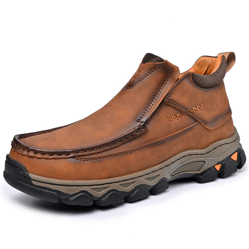 Men's premium leather slip-on walking shoes, brown, full view, comfortable orthopedic design