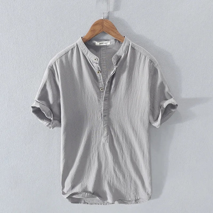 Men's fashion linen blend shirt with a comfortable fit, designed for breathability in warm weather.