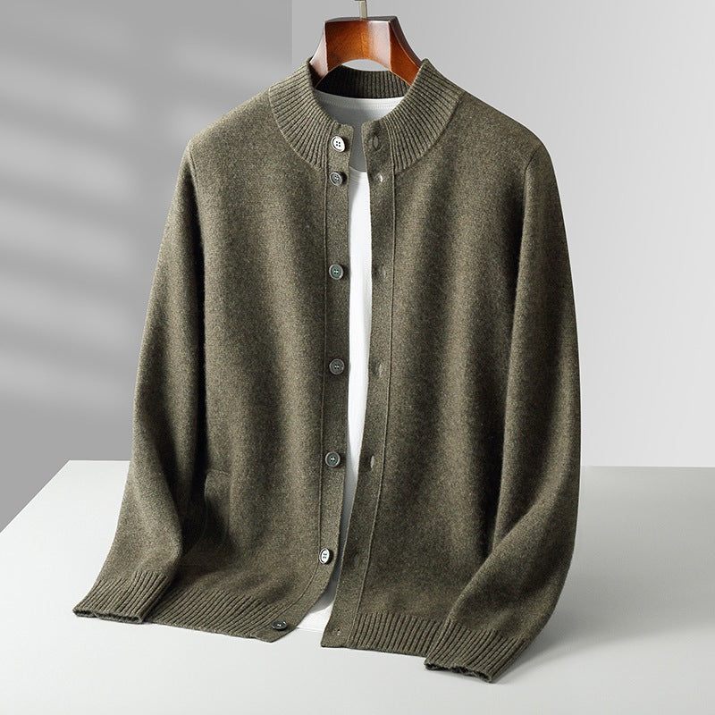 Close-up of the stand collar and button detail on a men's merino wool jacket.