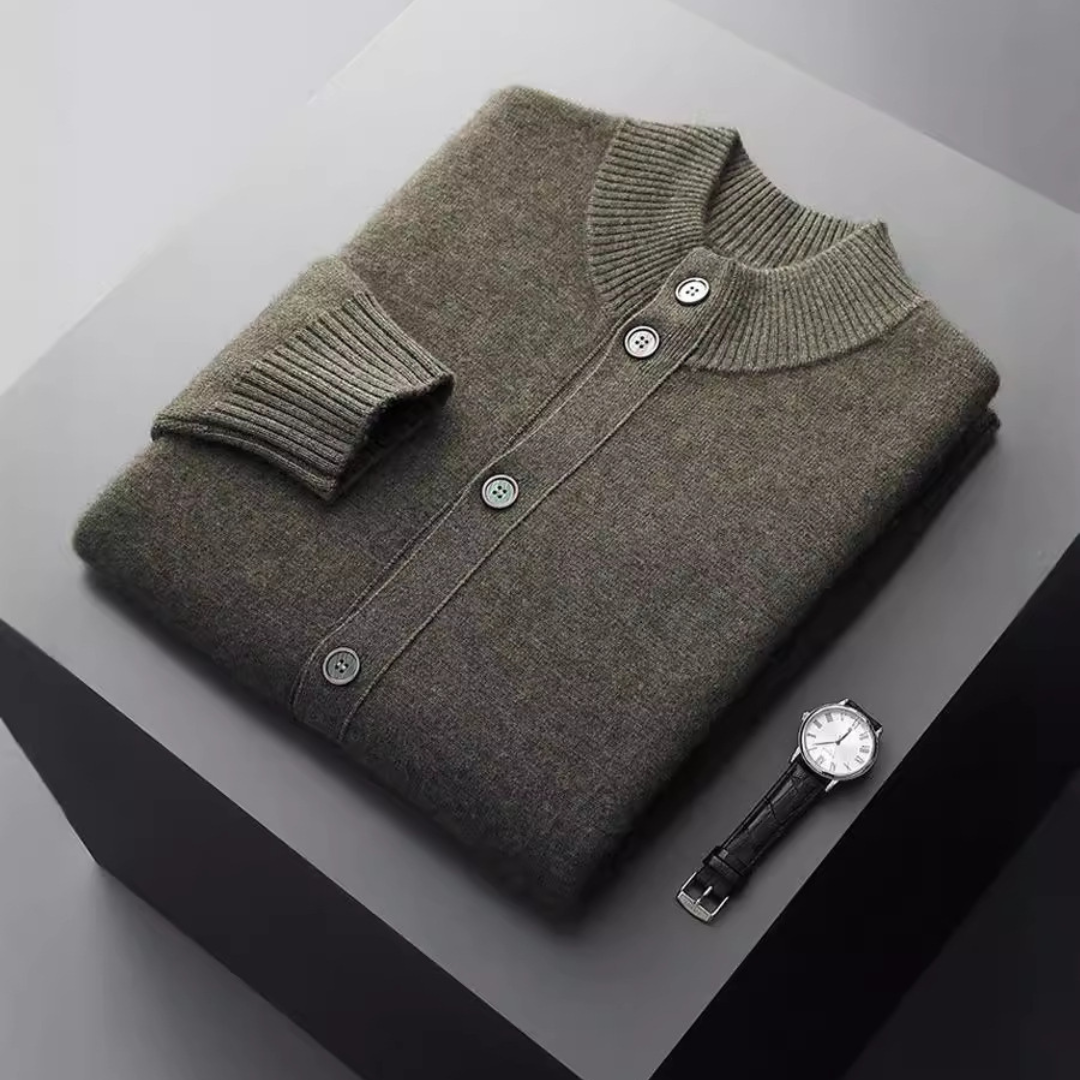 Rear view of the men's merino wool button jacket, showing tailored fit.