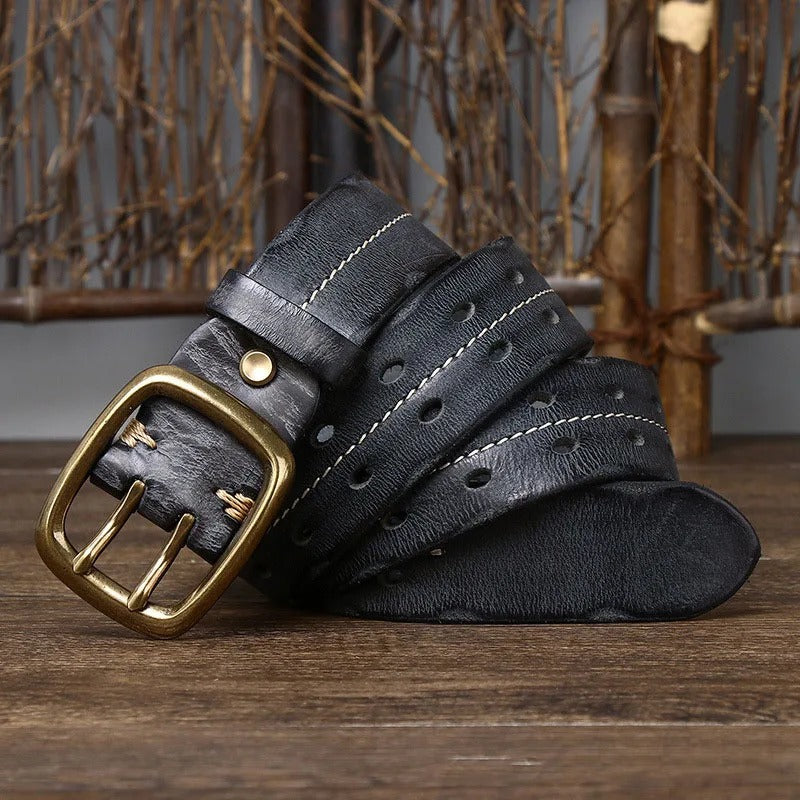 Tan pebbled cowhide leather belt for men, a durable and fashionable addition to any wardrobe