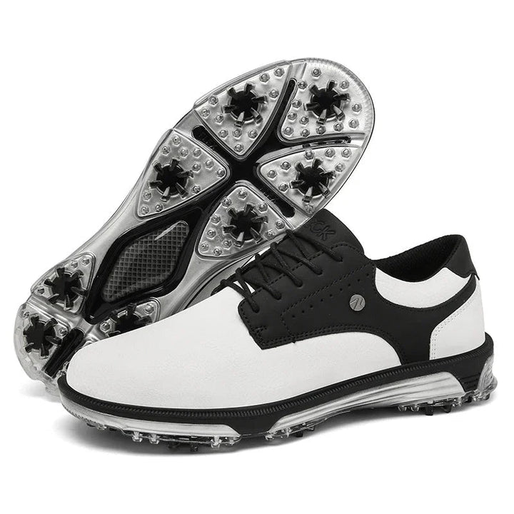 Pro Edition men's waterproof leather golf shoes, athletic fit with integrated performance spikes.