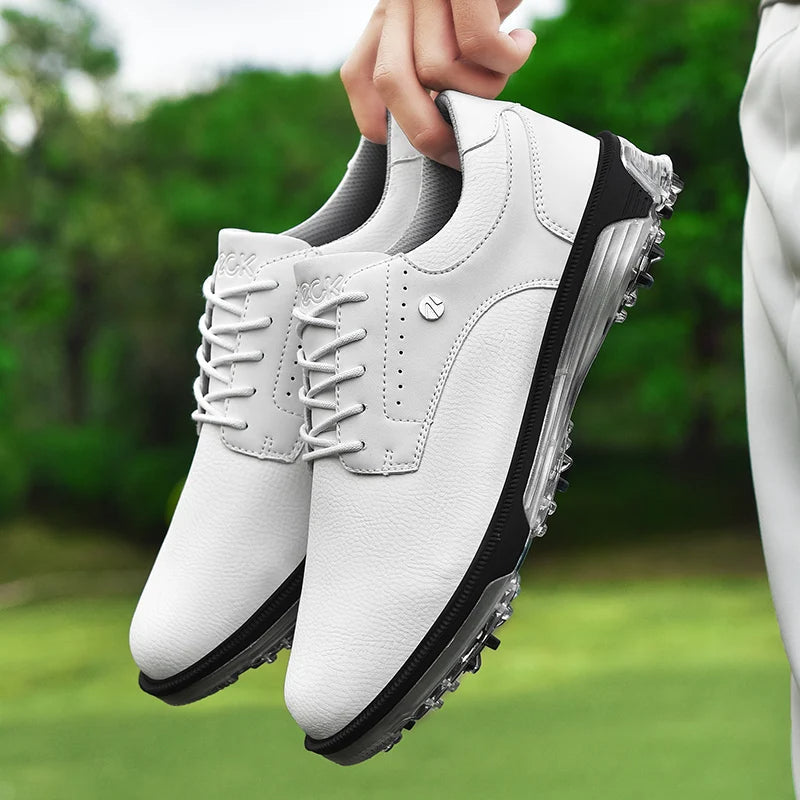 Waterproof men's Pro Edition golf shoes in durable leather, providing athletic comfort and stability.