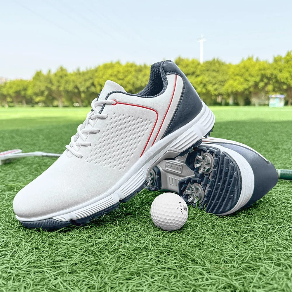Water-resistant white men's pro golf shoes, perfect for staying dry on the course.