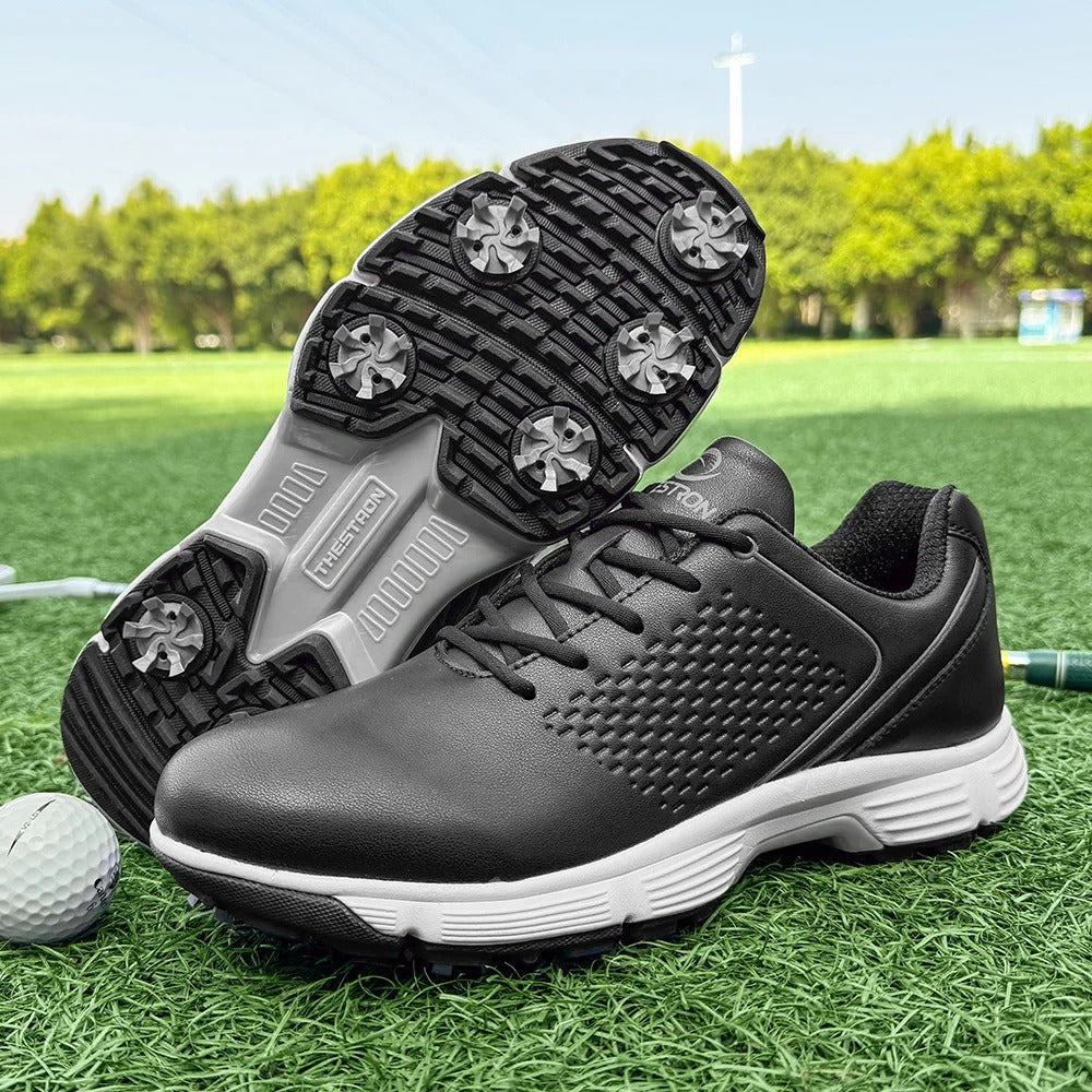 Men's performance golf shoes in blackout, engineered for optimal swing power.