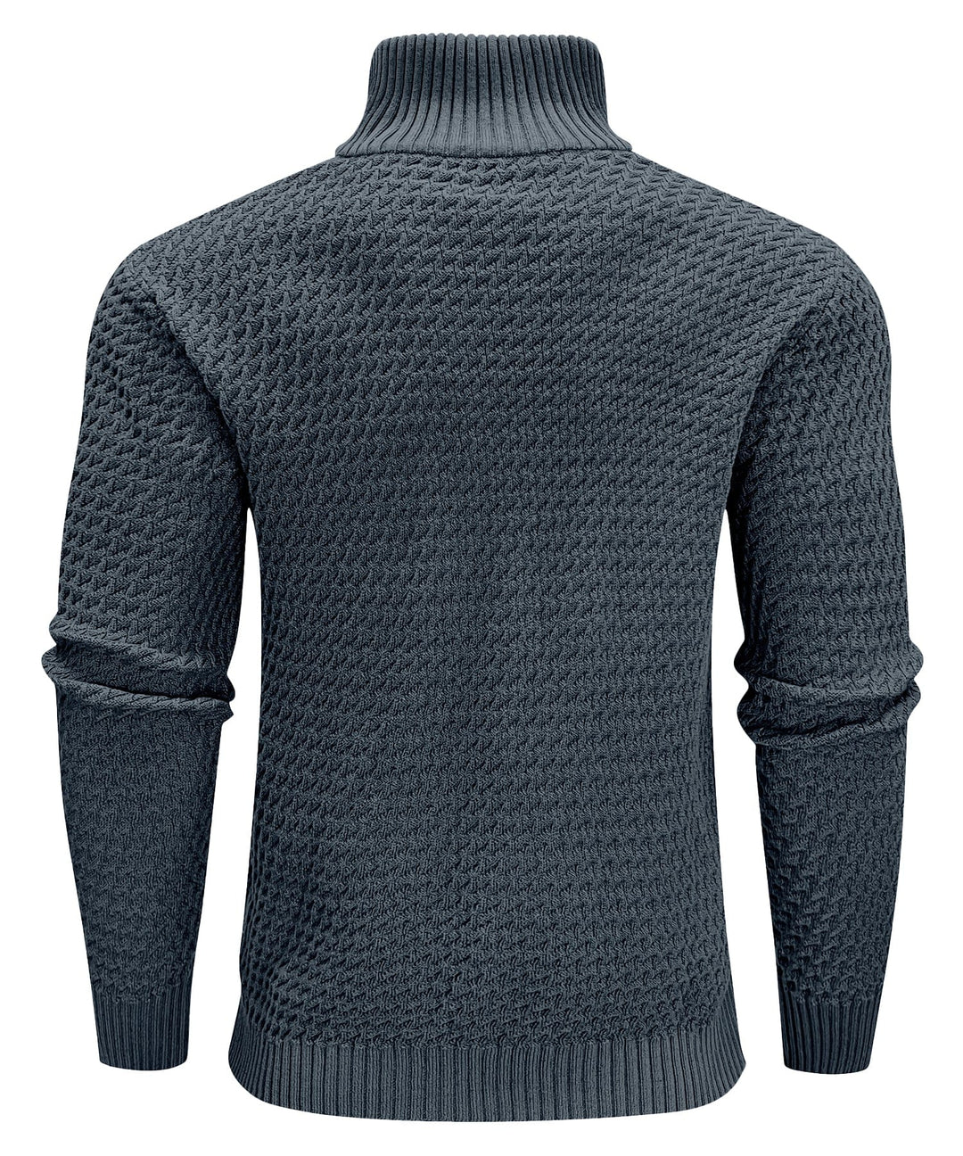 Rear view of a men's long-sleeve quarter-zip turtleneck pullover, simple design