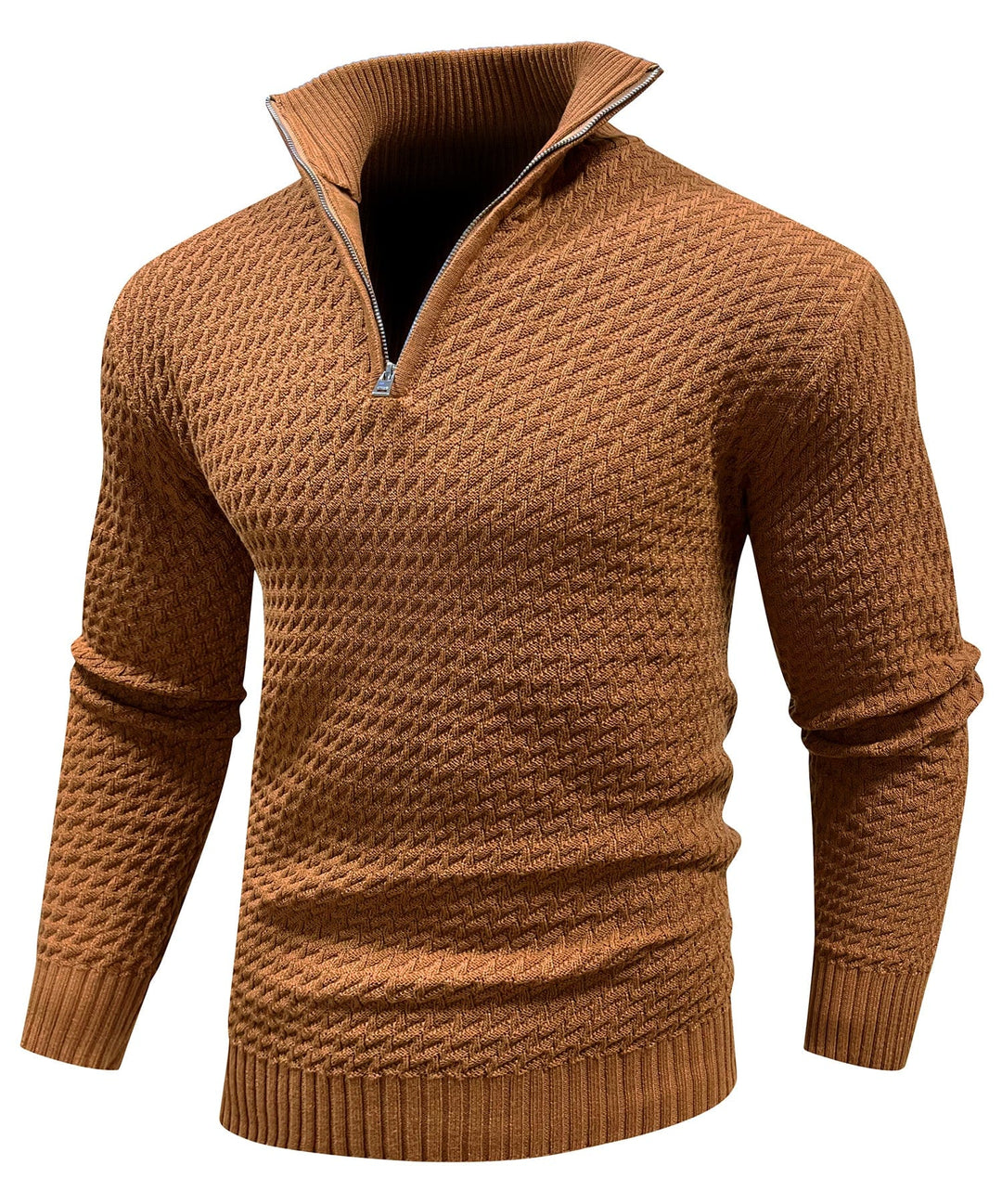 Front view of a men's charcoal grey quarter-zip pullover, classic turtleneck design