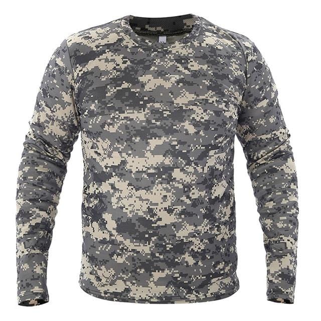 Durable quick-dry men's long sleeve shirt in camo, providing comfort and performance for active outdoor use.