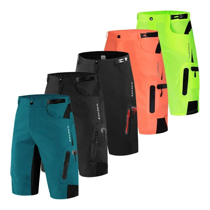 Men's quick-dry padded cycling shorts for road & trail. Gel padding, zippered pockets, activewear.