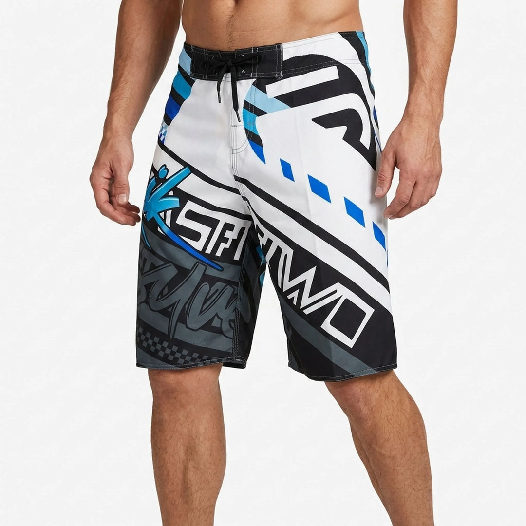 Quick-dry men's board shorts with vibrant print, ideal for beach, pool, or active swimwear.