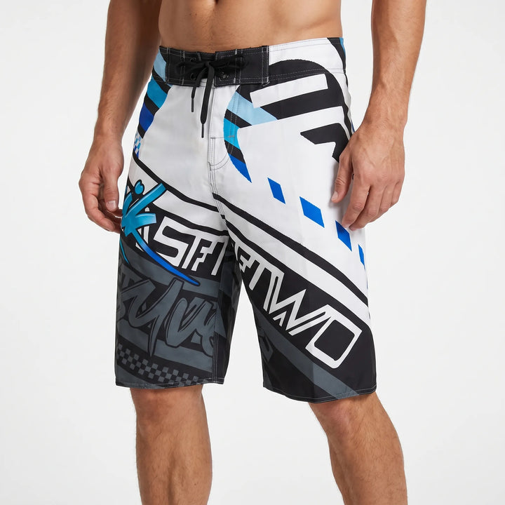 Tropical print men's quick-dry board shorts, perfect beachwear for summer vacation & pool.