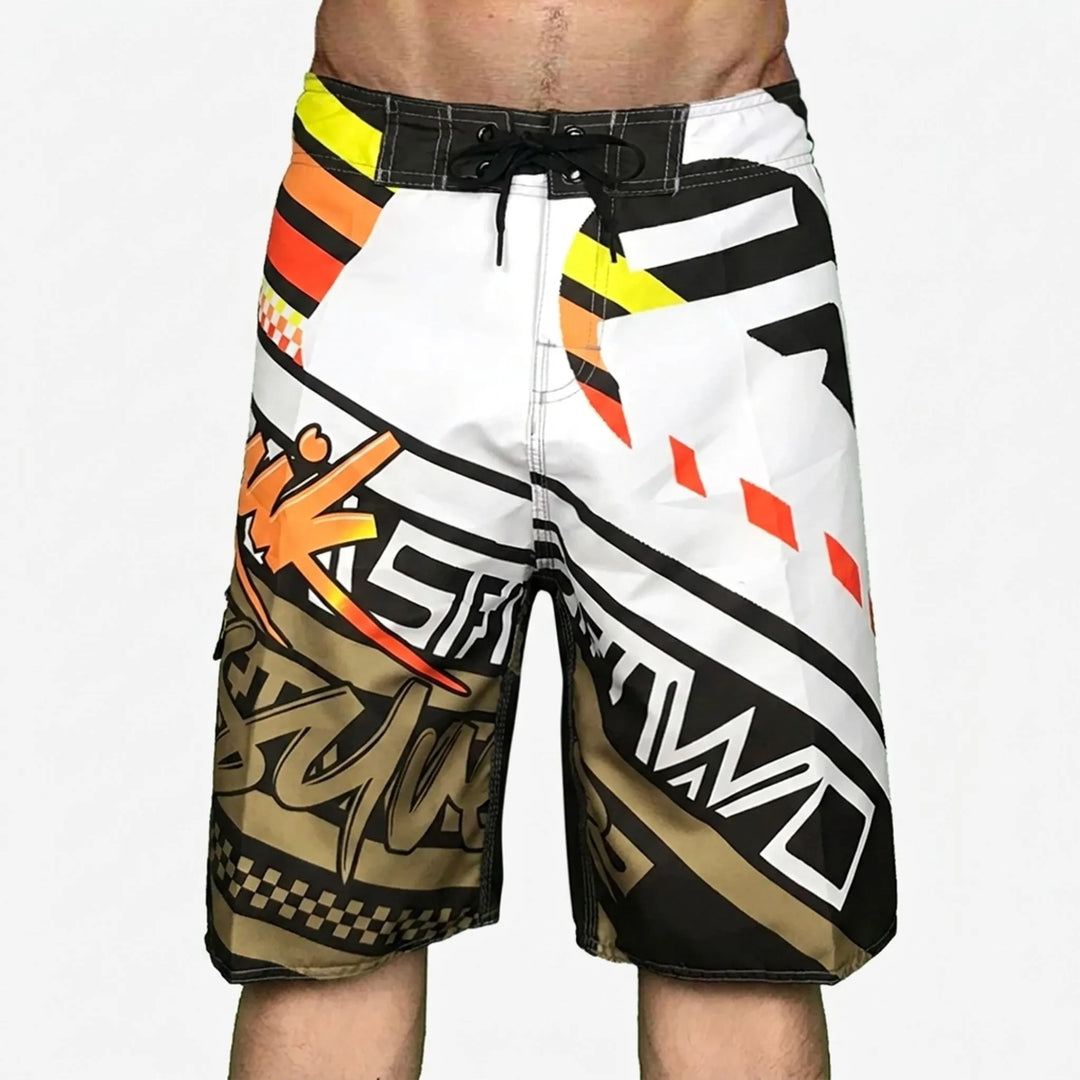 Active men's quick-dry swim trunks with a unique print, suitable for pool and beach sports.