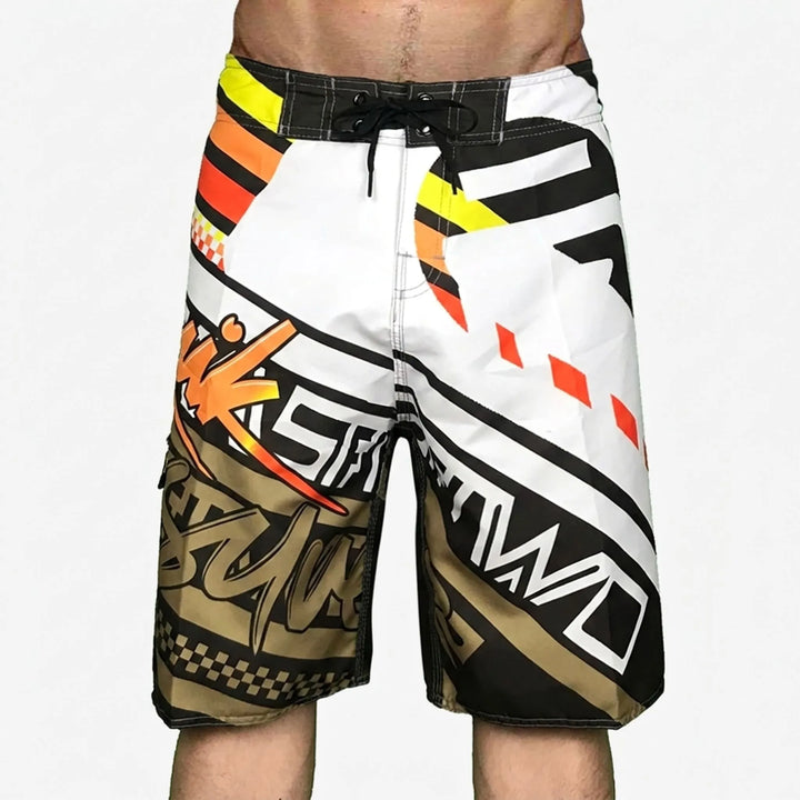 Active men's quick-dry swim trunks with a unique print, suitable for pool and beach sports.