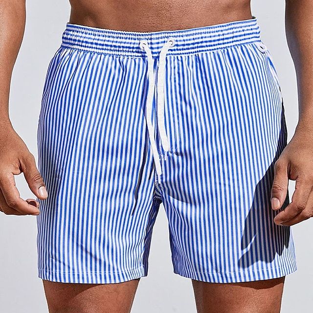 Men's quick-dry striped swim shorts, perfect for beach, pool, or summer vacation. Drawstring waist.