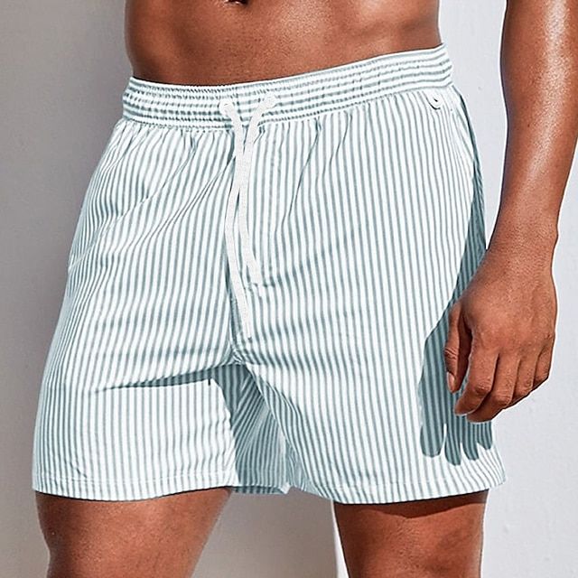 Stylish men's striped drawstring swim shorts, quick-dry fabric for comfortable summer vacation wear.