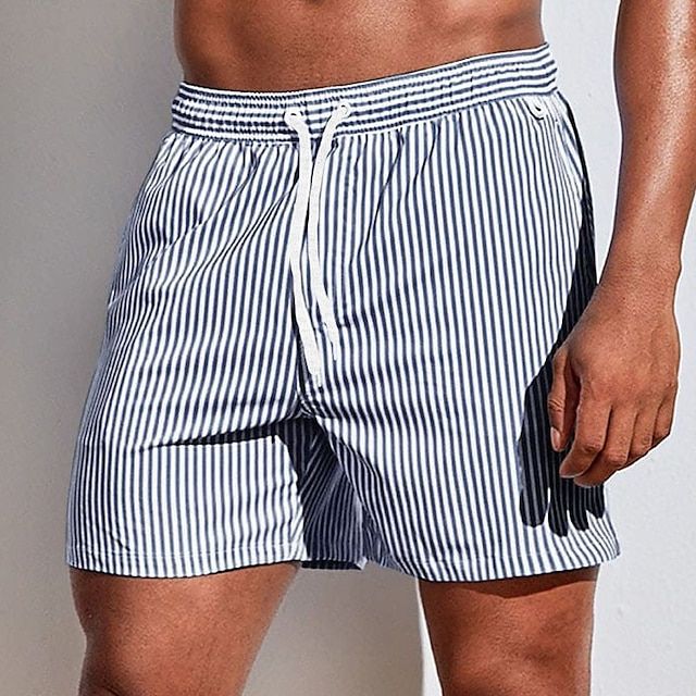 Durable men's quick-dry striped swim shorts. Essential beachwear designed for active summer adventures.