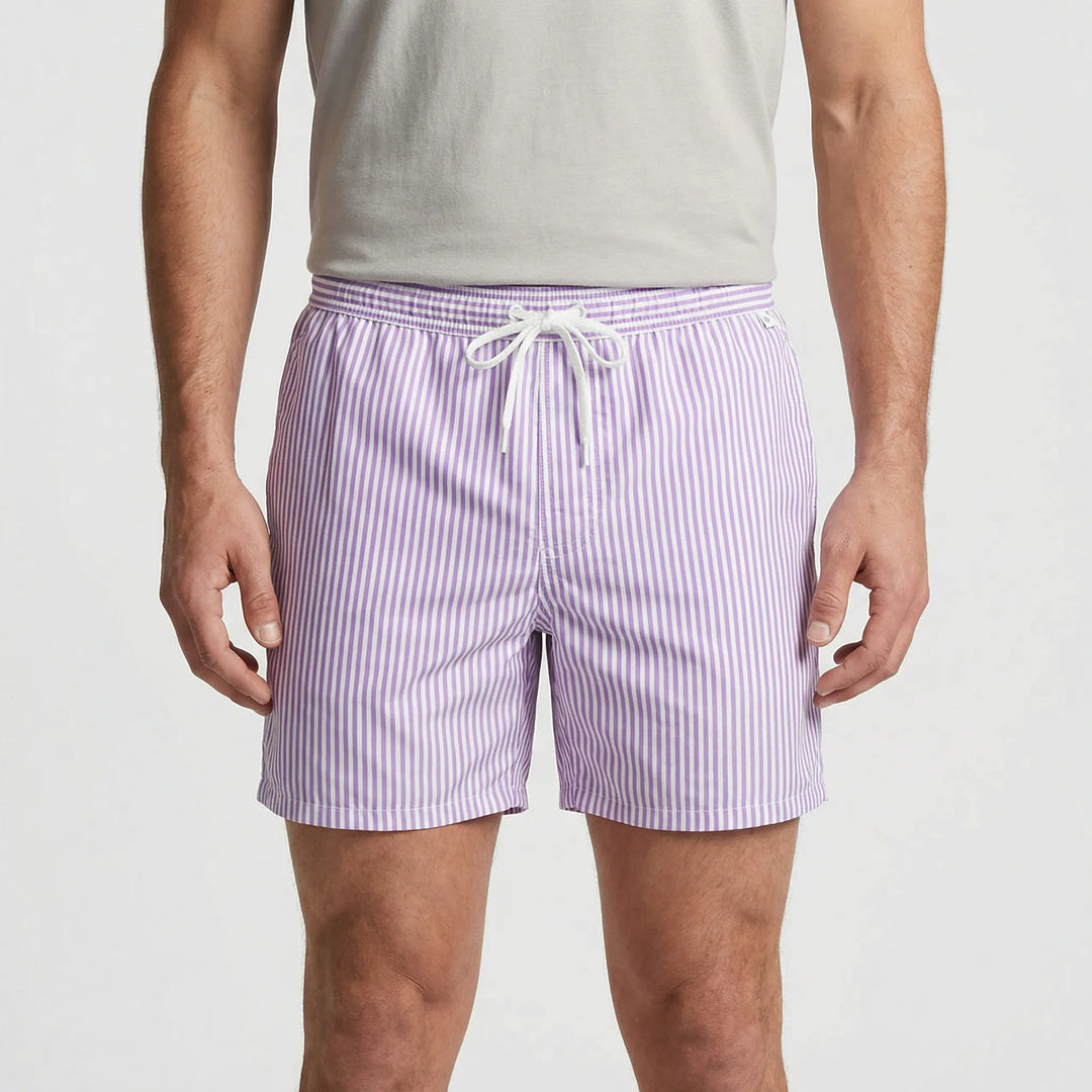 Fashionable men's quick-dry striped swim shorts. Great for swimming, sunbathing, or active beach sports.