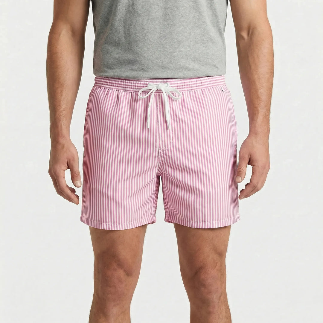 Stylish men's striped swim shorts with quick-dry fabric, ideal for beach, pool, or vacation.