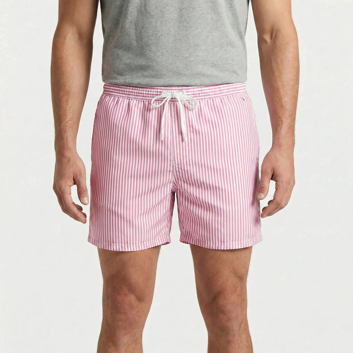 Stylish men's striped swim shorts with quick-dry fabric, ideal for beach, pool, or vacation.