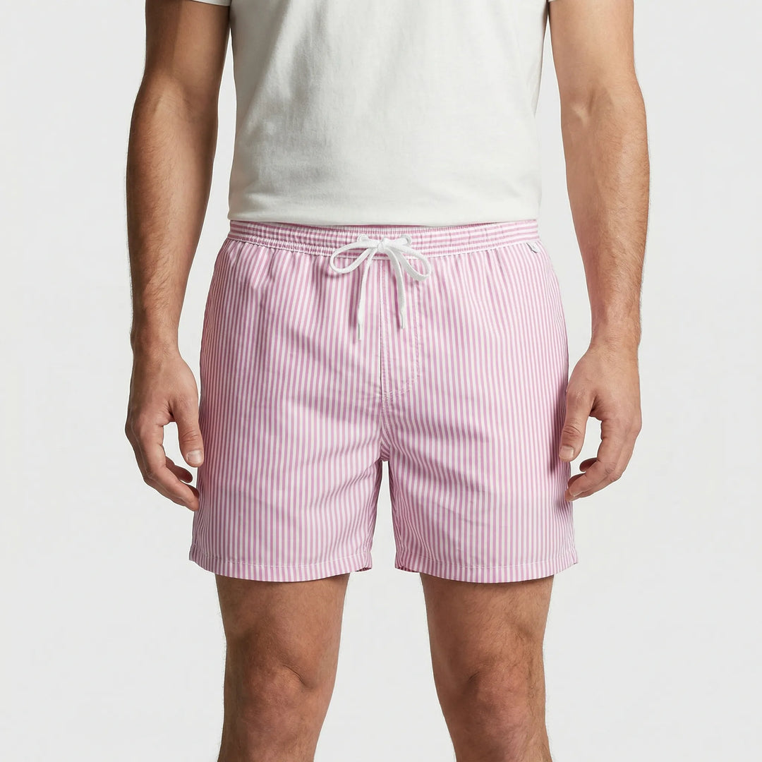 Vibrant striped men's swim trunks featuring quick-dry fabric & drawstring waist for pool fashion.