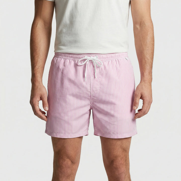 Vibrant striped men's swim trunks featuring quick-dry fabric & drawstring waist for pool fashion.