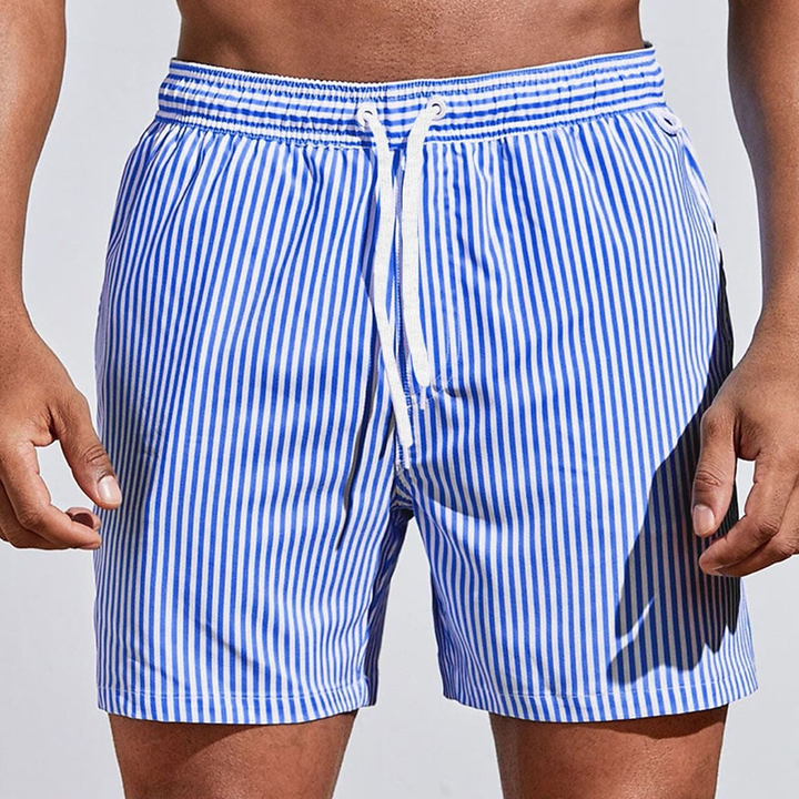 Versatile quick-dry men's striped swim shorts, essential summer swimwear for beach, pool, or travel.