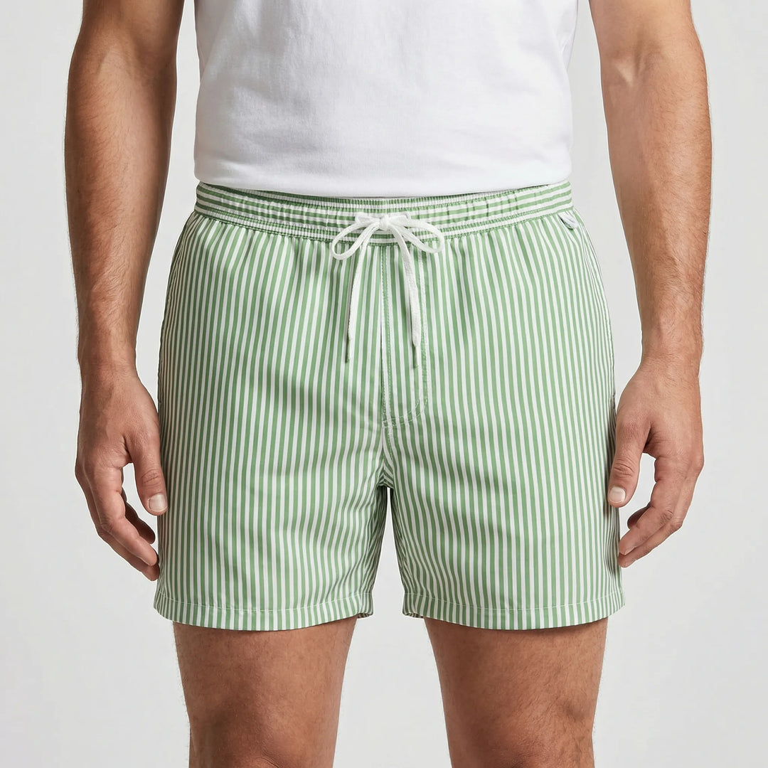Men's striped quick-dry swim shorts. Perfect for beach days, pool parties, or active summer wear.