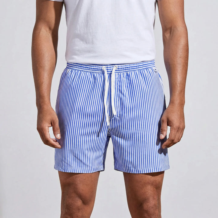 Drawstring men's striped swim trunks with quick-dry technology. Comfortable summer beach & pool shorts.