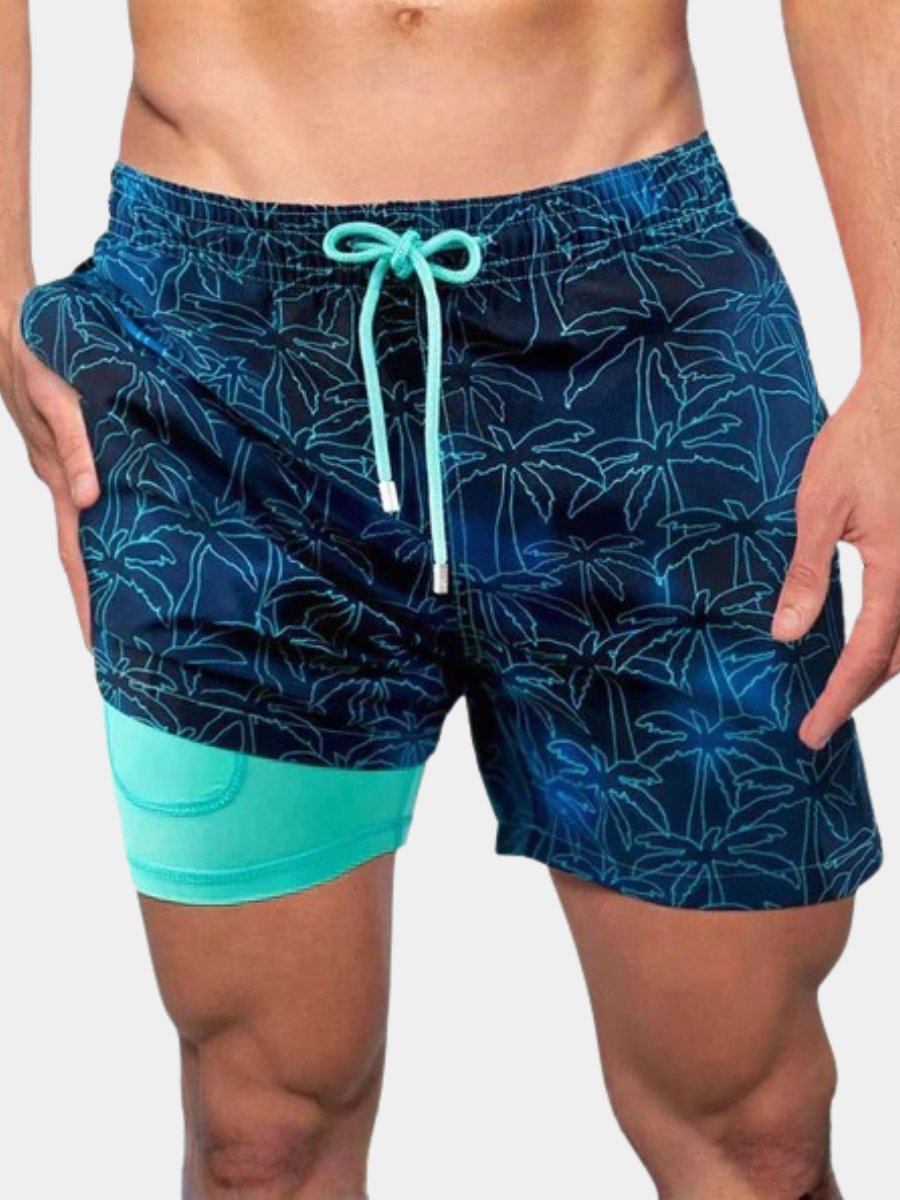 Men's quick-dry swimwear shorts with built-in compression liner, perfect for beach & water sports.