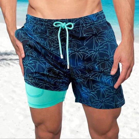 Stylish men's swim trunks, quick-dry fabric & supportive compression liner for ultimate comfort.
