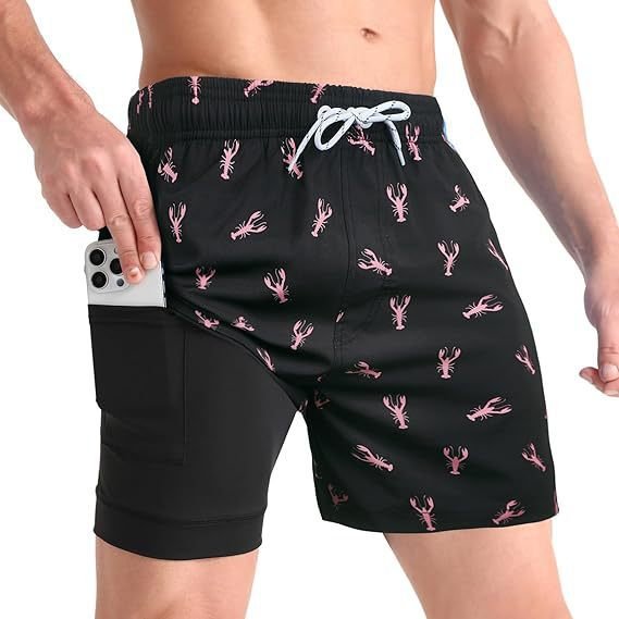 Active men's swimwear shorts with quick-dry tech & compression liner for swimming, surfing & beach.