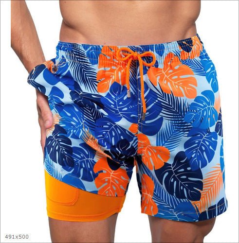Durable men's swim trunks, quick-drying material & compression liner for active summer wear.
