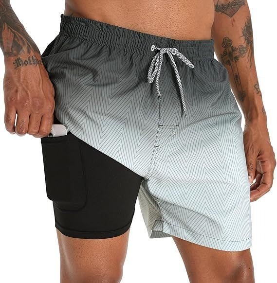 Men's quick dry swimwear shorts, tropical print, compression liner, essential for water activities.