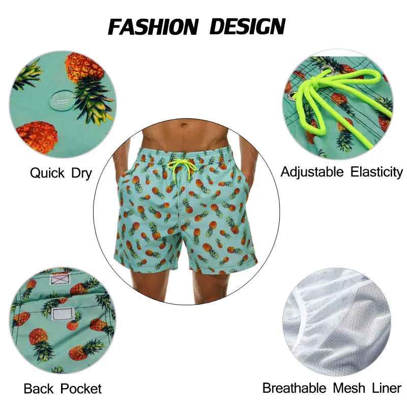 Resort wear men's quick-dry tropical swim trunks, ideal for beach & pool holidays.