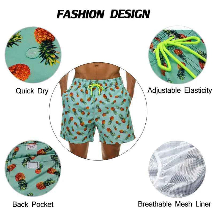 Resort wear men's quick-dry tropical swim trunks, ideal for beach & pool holidays.