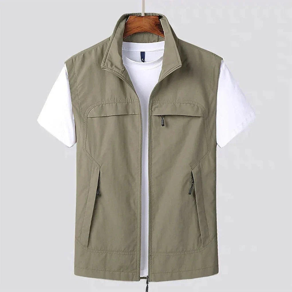 Back view of men's lightweight quick-dry vest in breathable fabric, ideal for outdoor travel, hiking, and casual wear.