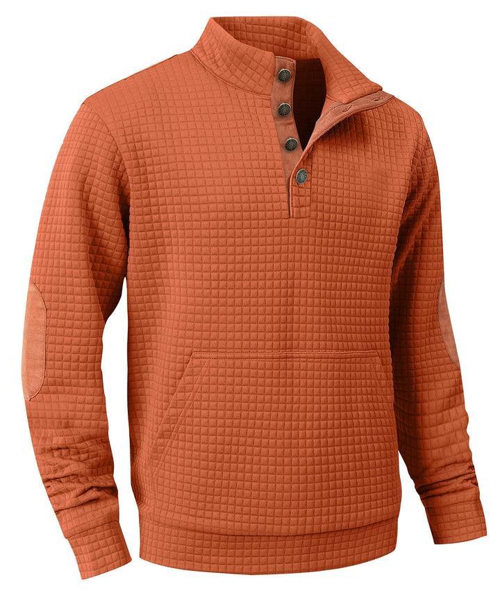 Men's long sleeve sweater, quilted texture and button placket