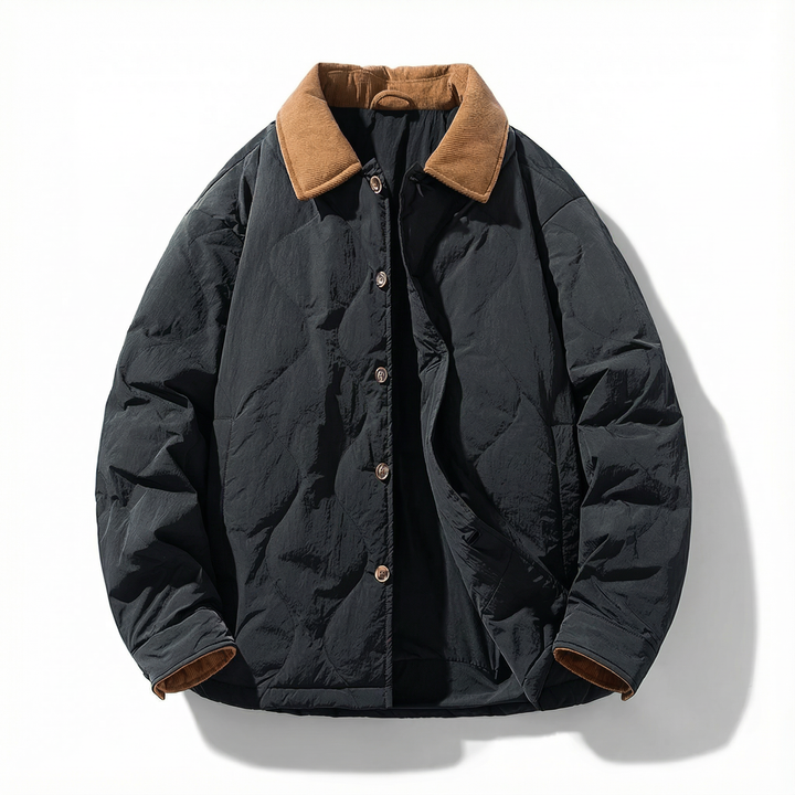 Texture close-up: quilted cotton and soft corduroy collar on a men's durable winter jacket