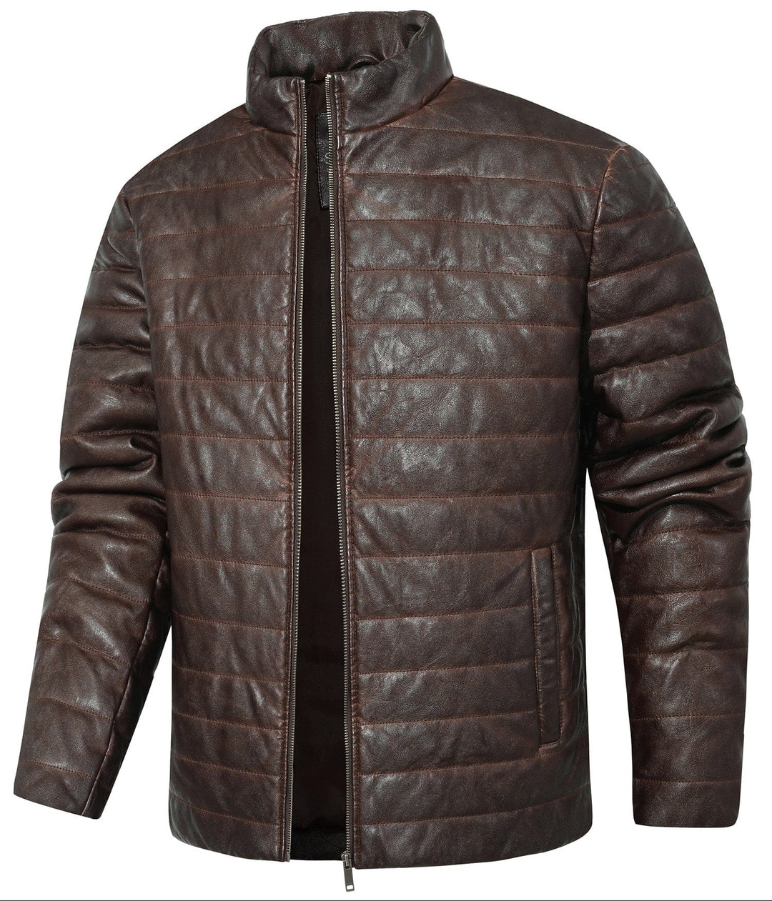 Men's quilted faux leather jacket in rich brown, perfect for stylish casual outerwear