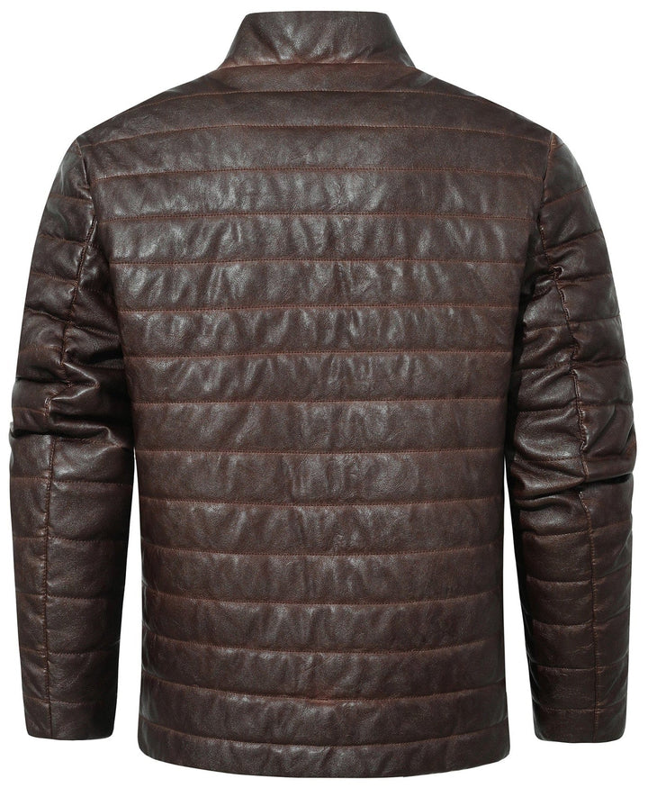 Back view of the men's brown quilted faux leather jacket, highlighting its stylish design