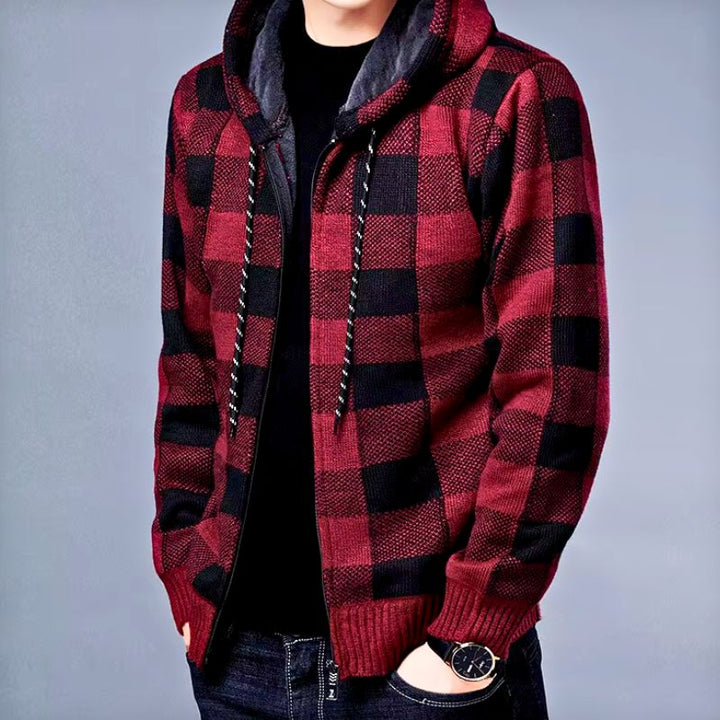 Men's red and black checked flannel zip hoodie, casual winter outerwear