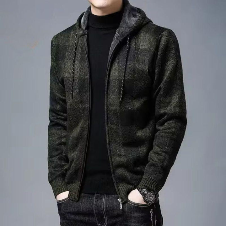 Men's checked flannel hoodie, hood up, perfect for casual winter and fall wear