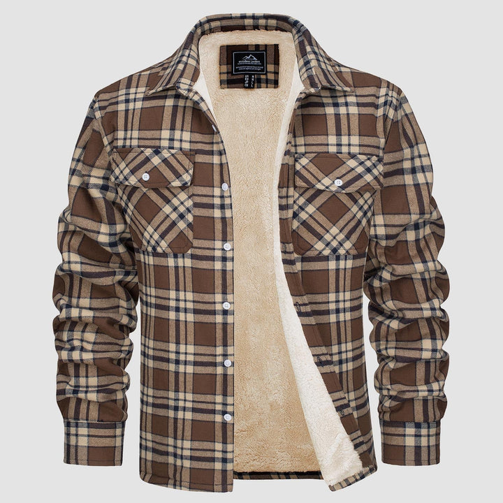 Men's red and black plaid flannel button-down fleece lined jacket, perfect for winter warmth and casual style