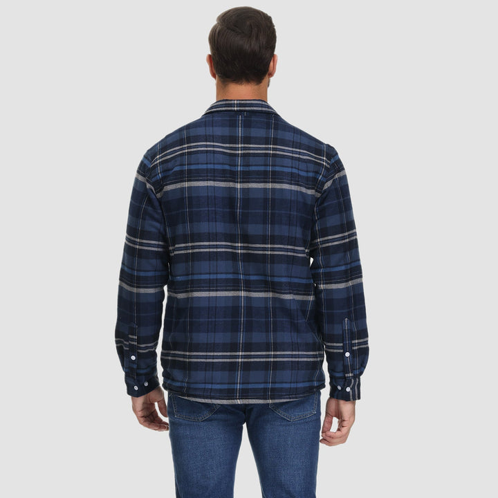 Men's flannel button-down jacket with sherpa-style fleece lining for ultimate warmth, a rugged winter coat