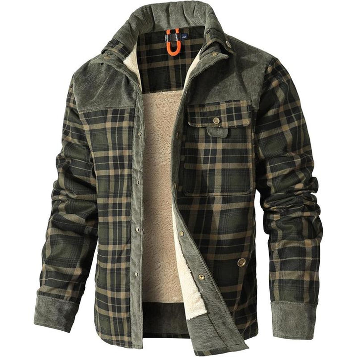 Full shot of a man wearing a stylish, warm flannel and sherpa winter coat, perfect for casual outings.