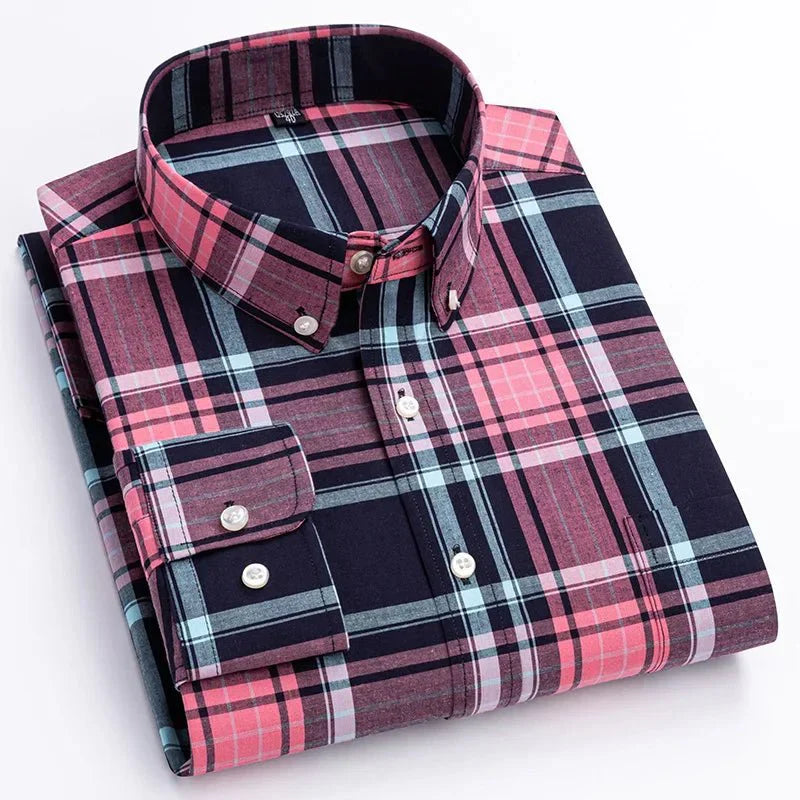 Full view of a men's long sleeve button-down shirt featuring a timeless plaid pattern, great for mensfashion.