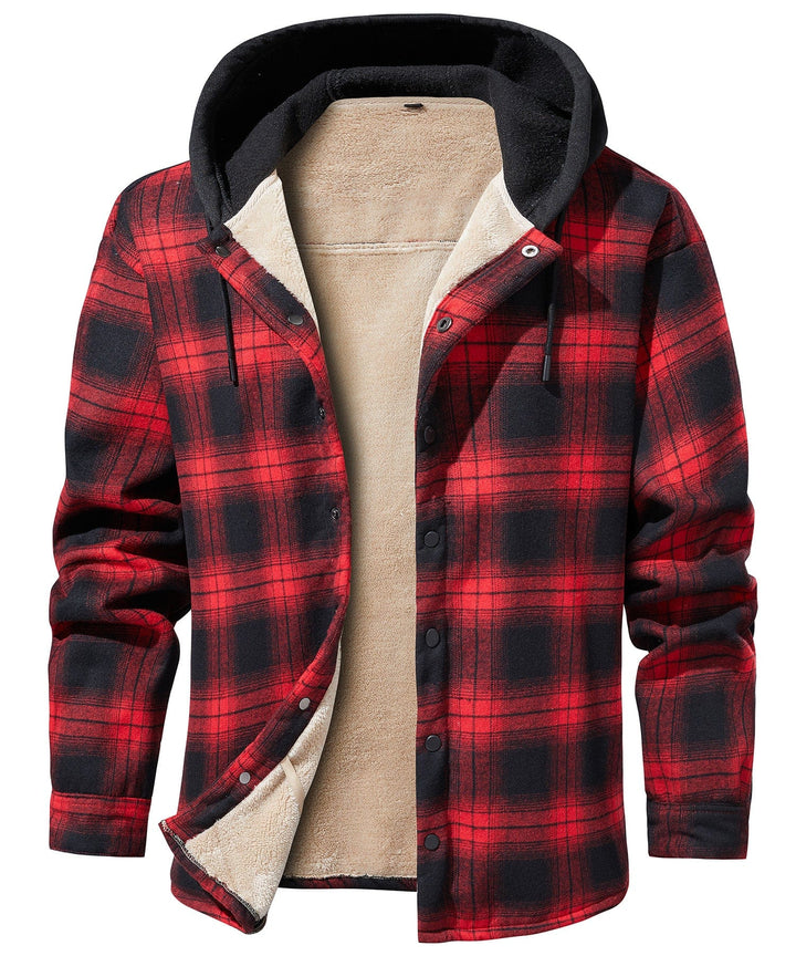 Men's red plaid flannel jacket, sherpa lined, with a hood for ultimate winter warmth and casual style