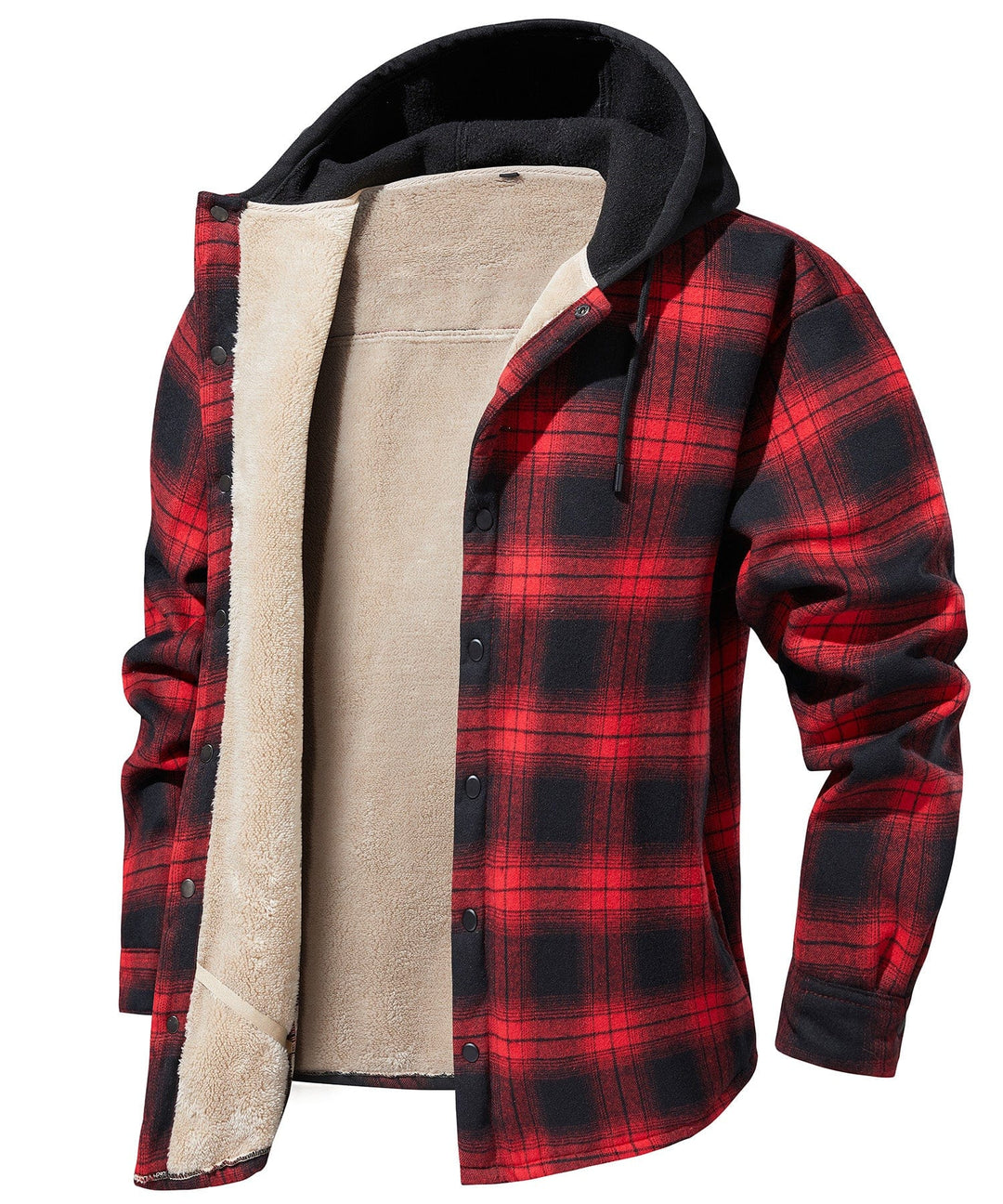 Warm men's hooded flannel jacket, red plaid print, sherpa lined for cold weather outerwear