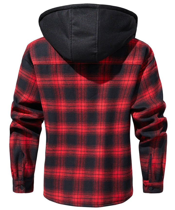 Casual men's winter coat: red plaid flannel jacket, sherpa lined hood for everyday comfort
