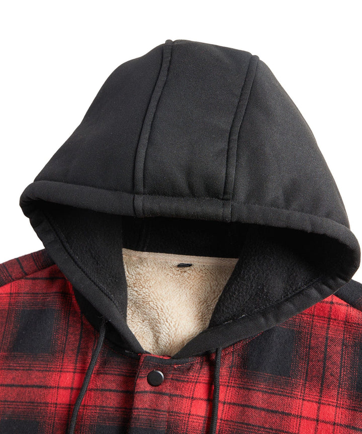 Red plaid men's hooded jacket, sherpa lining for extra warmth and a stylish winter look